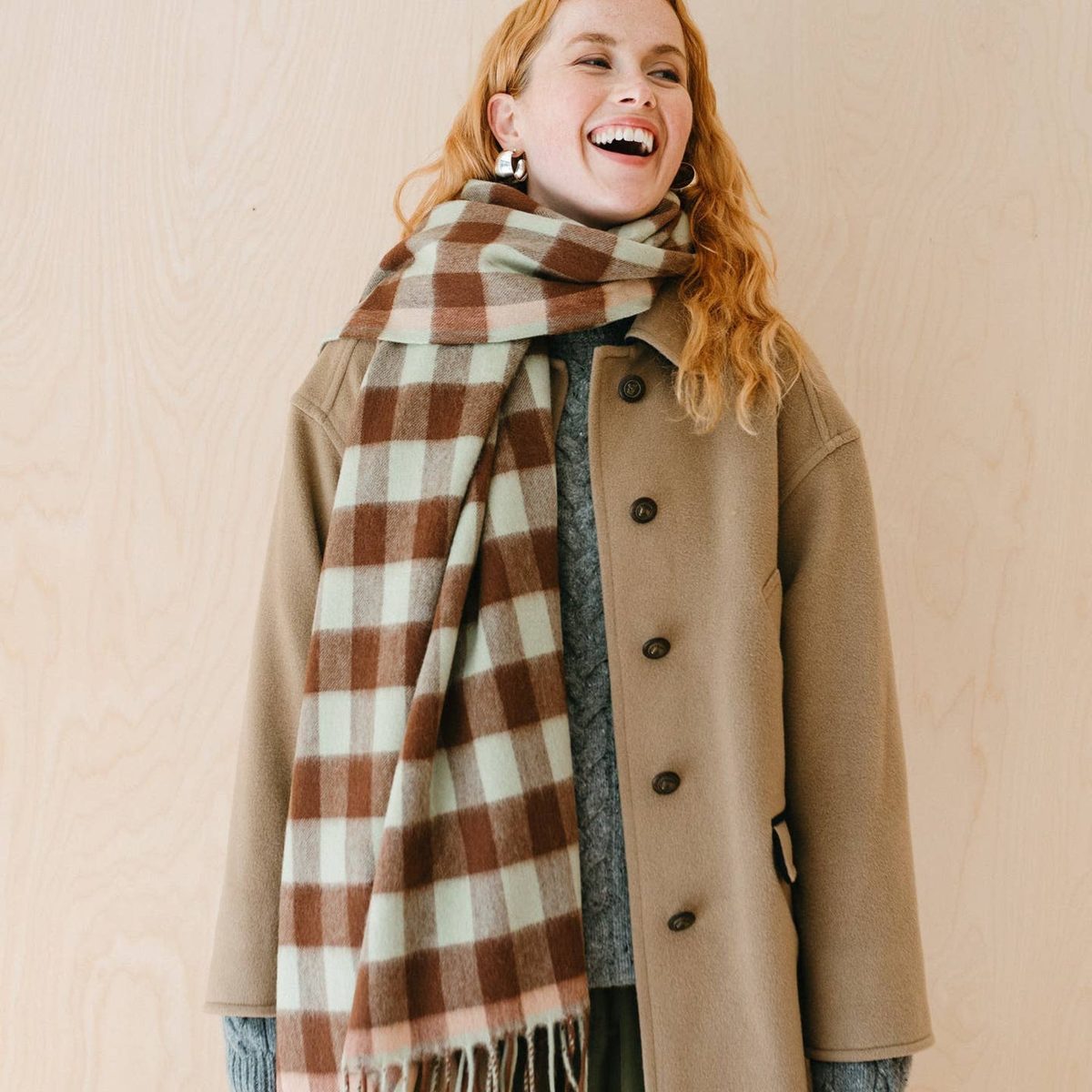 Lambswool Blanket Scarf in Green Gingham